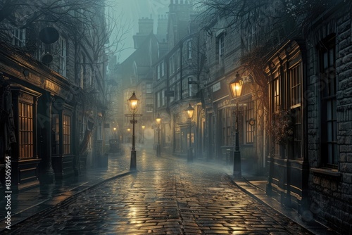a street with a lamp post and a building, A Victorian-era London street with cobblestones and gas lamps