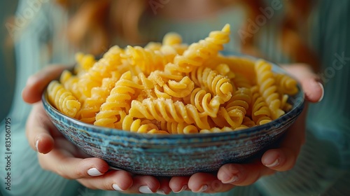 A close-up of a person holding a bowl of uncooked spiral pasta, showcasing the rough texture