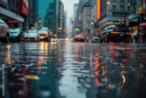 a city street with cars and people walking in the rain, Capture the essence of a rainy day with reflections on wet surfaces and glistening streets