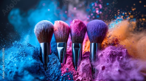 Striking image of makeup brushes surrounded by a colorful explosion of cosmetic pigments in blues and reds, emphasizing luxury and style