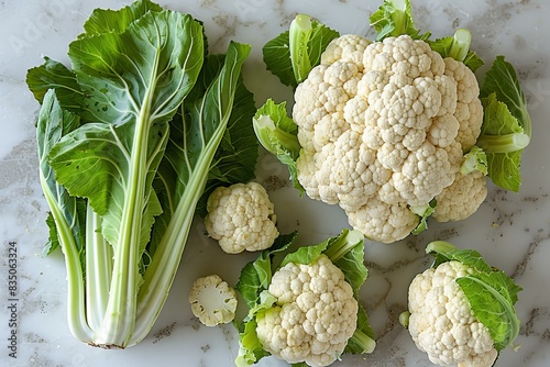 A fresh cauliflower and some leaves are displayed on a white background