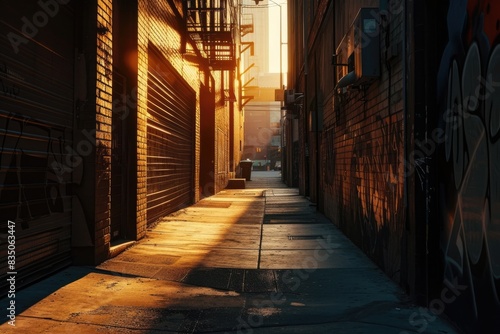 a narrow alley with a brick wall and a bright light, Explore the play of light and shadow in an urban alleyway during golden hour