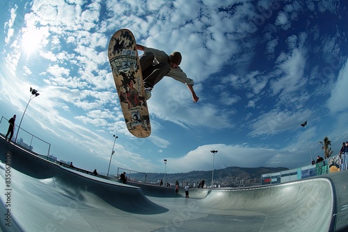 a skateboarder is doing a trick on a ramp, Freeze the action of a skateboarder mid-air while executing a trick at a skatepark