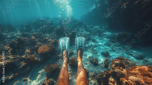 An underwater perspective of human legs with fins over a coral reef, capturing the essence of ocean exploration