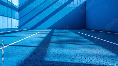 Sporting Symmetry: Generate an image focusing on the symmetry of a blue sports court, accentuating its lines and shadows, text-friendly
