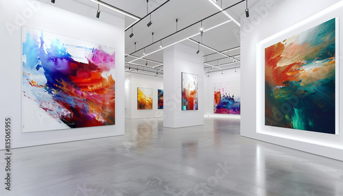An avant-garde art gallery featuring large, dynamic abstract paintings and interactive digital installations, with sleek white walls and soft, ambient lighting.