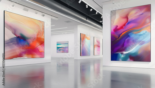 An avant-garde art gallery featuring large, dynamic abstract paintings and interactive digital installations, with sleek white walls and soft, ambient lighting.