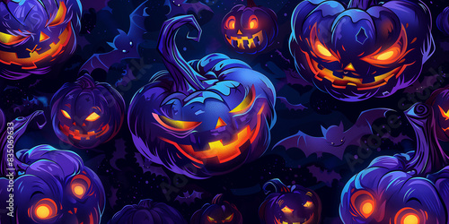 Hintergrundbild Halloween mit farbigen und leuchtenden Kürbissen. Grafische Zeichnung.