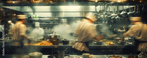 A blurry image of chefs in a kitchen preparing food. The chefs are wearing white coats and are busy with their tasks. Scene is busy and energetic, as the chefs are working together to prepare a meal