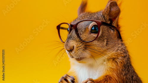 Cute squirrel with glasses on a yellow background
