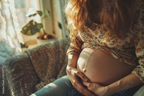 A pregnant woman is holding her stomach and showing a heart on her shirt.