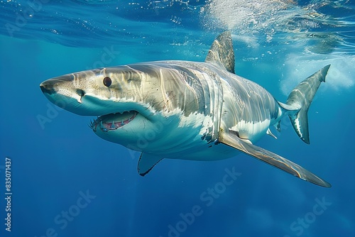 Photo of a great white shark swimming in the ocean against a blue background. the shark is depicted