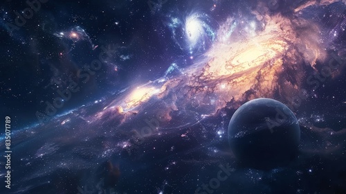 Cosmic Galaxy Scene: Depict a cosmic background featuring a vibrant galaxy with stars, nebulas, and distant planets.