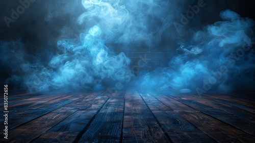 Dark abstract background with old wooden floor and neon light smoking.