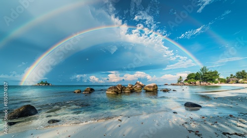 Beautiful rainbow arching over white sandy beach and rocky coastline on a tropical island with blue sky and clouds in Thailand. 
