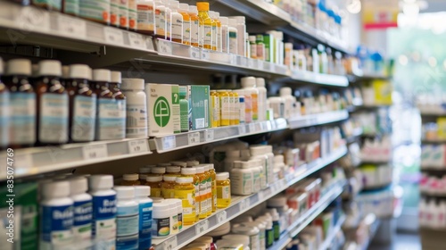 This photograph showcases a neatly organized aisle in a pharmacy, featuring rows of shelves stocked with various over-the-counter medications. The bottles are neatly arranged and labeled.