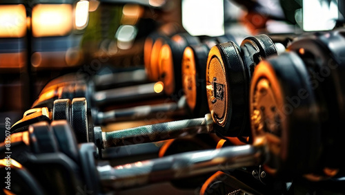 A rack of dumbbells in a gym. The focus is on the closest set of dumbbells, which are black with silver handles and have visible weight markings.