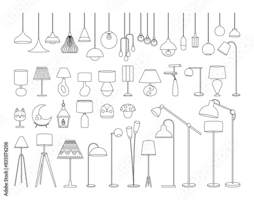Lamp outline icon set. Line art vector floor lamp, nightlights, chandeliers ceiling lamp, table lamp. Linear sketches of interior light furniture for decor. Vector illustration isolated on white.