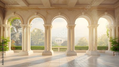 Simplicity, beauty, a beige background, classical architecture style with large arches and columns, a stone floor, large windows with a view of a natural landscape.