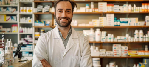 Pharmacist, wearing a white coat, stands with his arms crossed in front of shelves stocked with various medications. He smiles warmly at the camera, creating a welcoming and approachable atmosphere.