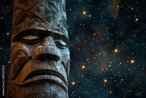 An idol carved from wood against the backdrop of a night sky full of constellations