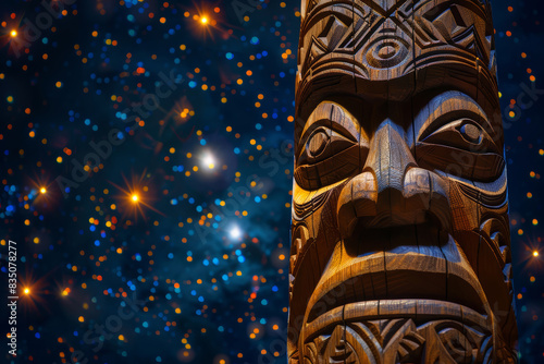 An idol carved from wood against the backdrop of a blue night sky full of stars and constellations