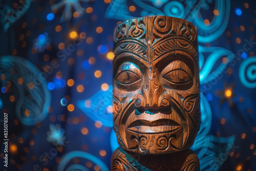 An idol carved from wood against the backdrop of a night sky full of stars and constellations and symbols
