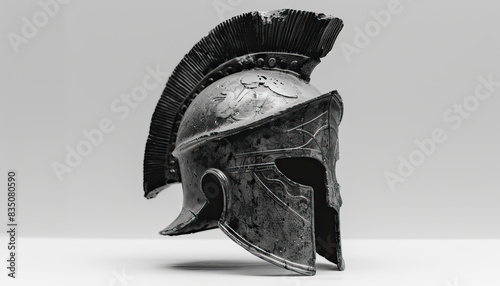 Athenian ancient civilization warrior helmet, modern graphic design, isolated, copy and text space, close-up, macro, white background, black & white. Template, banner, background, wallpaper, backdrop