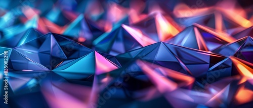 Abstract 3D geometric shapes in vibrant purple and blue colors with a futuristic design and glowing effects.