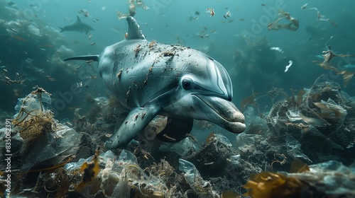 A dolphin swims through murky waters littered with debris, highlighting pollution issues