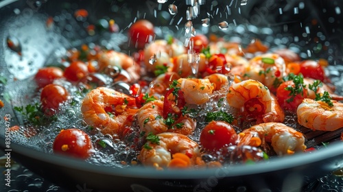 Aromatic herbs and cherry tomatoes enrich the enticing shrimp skillet amidst rising steam