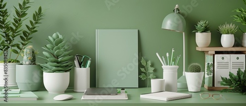 Modern green workspace with plants, office supplies, and minimalist decor, evoking a calm and productive environment.