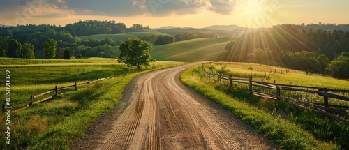 Scenic rural dirt road winding through lush green countryside under a bright sunset sky, featuring rolling hills and wooden fences.