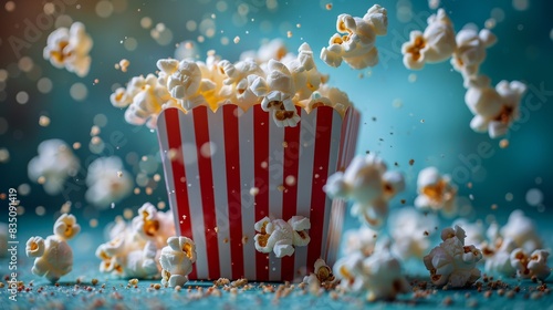 A burst of popcorn with dramatic lighting and popping action over a teal background