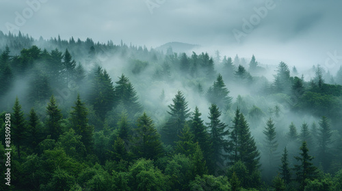 Mountain landscape - hills covered with fir forest, fog, overcast, rain