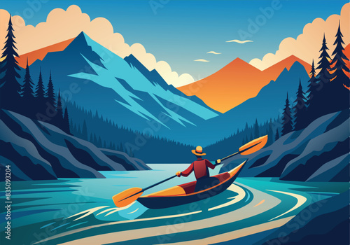 A man in a red hat paddles a canoe down a river in a mountainous area