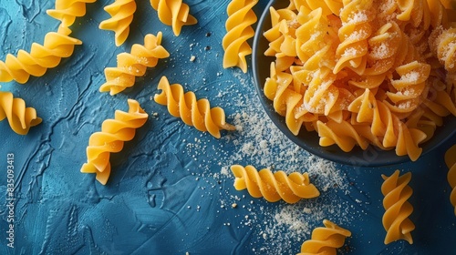 Overhead image of fusilli pasta with Parmesan cheese on a textured blue surface