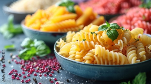 Different pasta types in ceramic dishes with basil, oregano and colorful spices scattered around