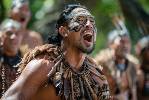 Polynesian male warrior with huge necklace uttering a battle cry at a ceremony
