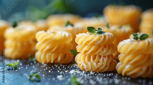 Macro close-up of fusilli pasta garnished with finely grated cheese and fresh green herbs