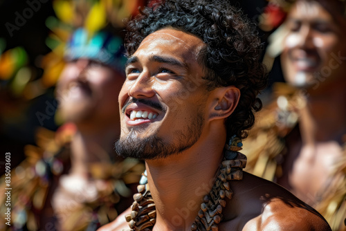Portrait of smiling polynesian male warrior with necklace