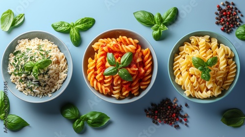 Overhead view showcasing three bowls of pasta with grated cheese, tomato sauce, fresh basil, and spices