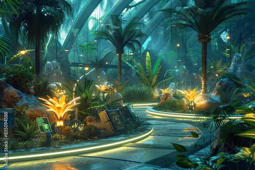 A futuristic botanical garden with bio-engineered plants glowing softly, automated caretakers maintaining the ecosystem, and interactive displays