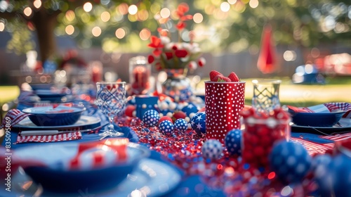 Decorative table setup with red, white, and blue themed items, outdoor party, festive ambiance, Fourth of July celebration, Independence Day gathering, copy space