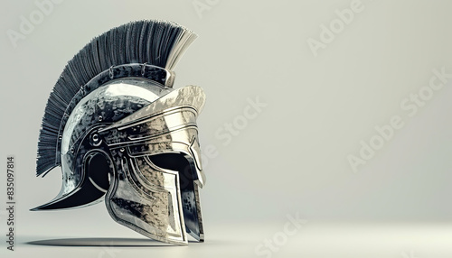 Roman soldier warrior helmet illustration, modern graphic design, isolated, copy and text space, close-up, macro, white background, black and white. Template, banner, background, wallpaper, backdrop