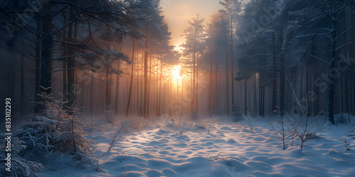 A serene and tranquil winter forest in the morning, covered in snow and frost. Perfect for outdoor and nature-themed promotions and designs.