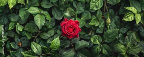 Single red rose surrounded by green leaves