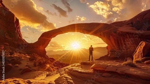 A man stands in the middle of the desert near a rock arch. with the sun shining through the stone arch in the distance