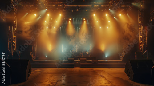 Dark concert stage with fog, illuminated by array of orange spotlight creating a dramatic effect. Copy space, 16:9