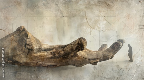 Sculpture en bois en forme de main tendue vers une personne, fond texturé